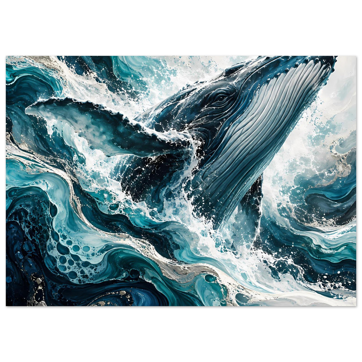 Ozean-Kunstposter mit Wal und Wellenmeer, kräftige Blau- und Weißtöne