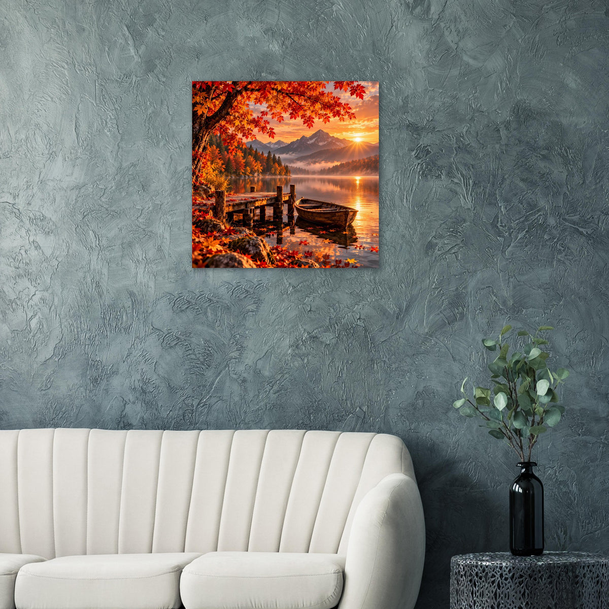 Herbstliches Landschaftsposter mit Sonnenuntergang am Wasser und rotem Herbstlaub