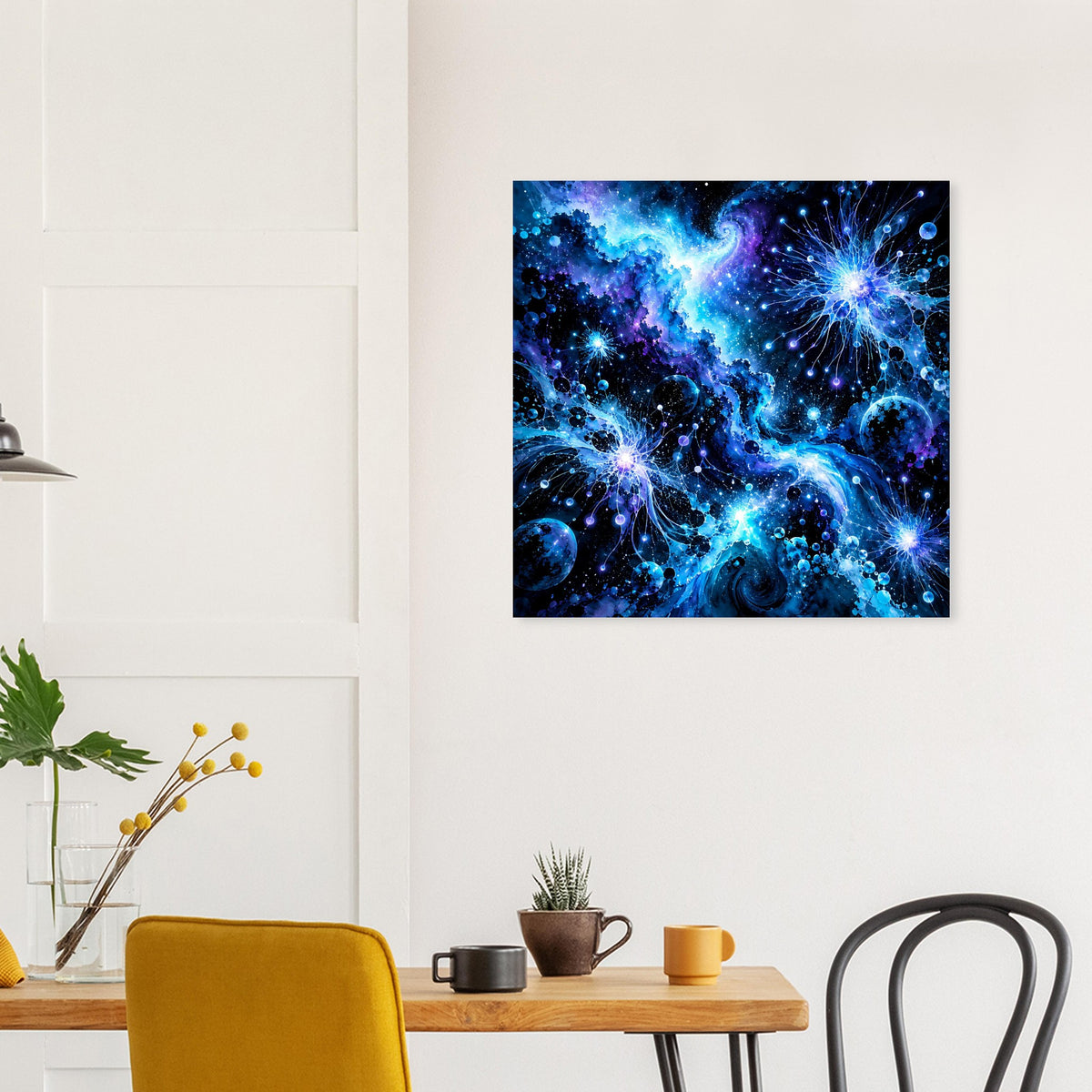 Leuchtendes galaktisches Poster mit blauem Wirbelnebel und Sternen