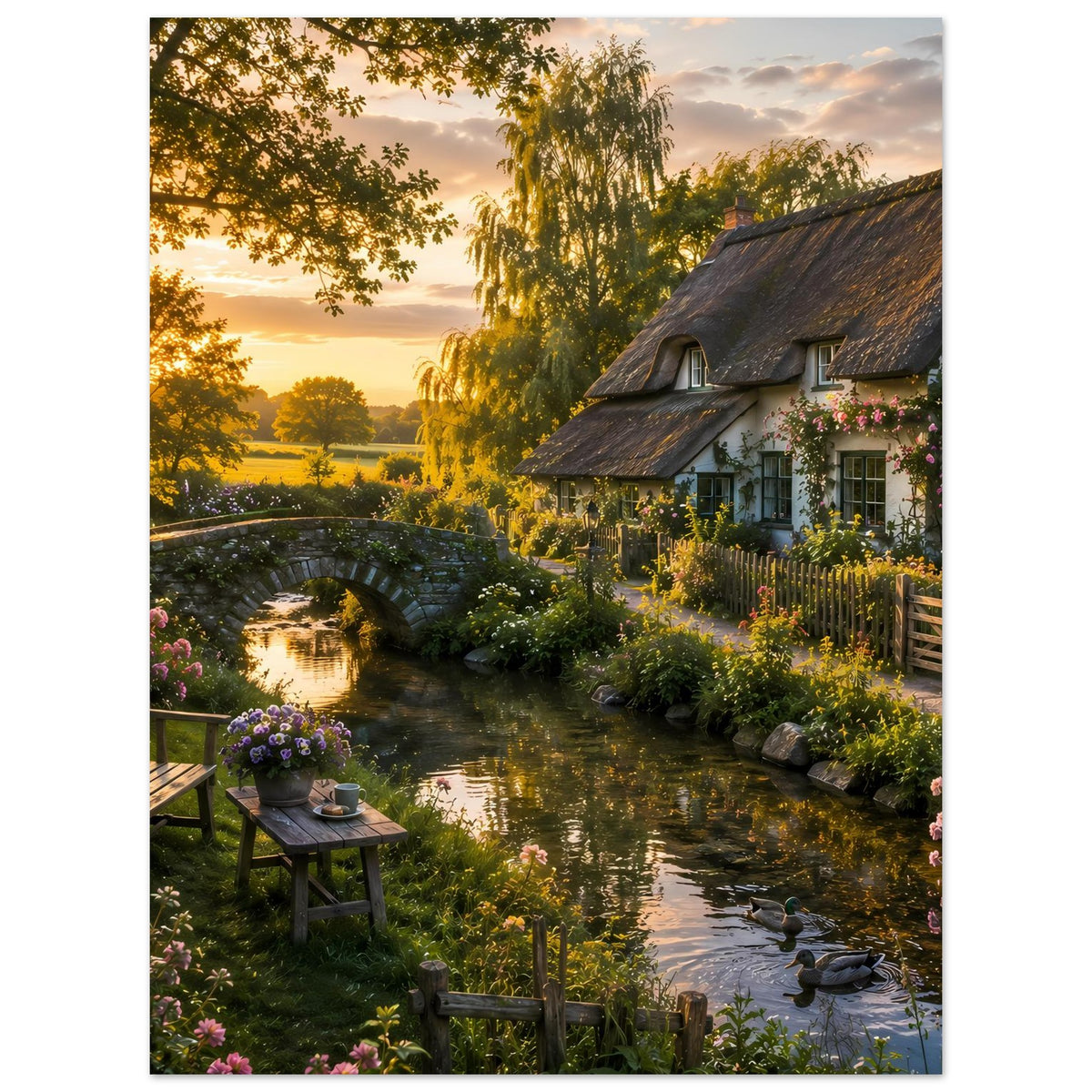 Landhaus-Poster mit Kanal, Reetdachhaus, Blumenranken und Steinbogenbrücke bei Sonnenuntergang