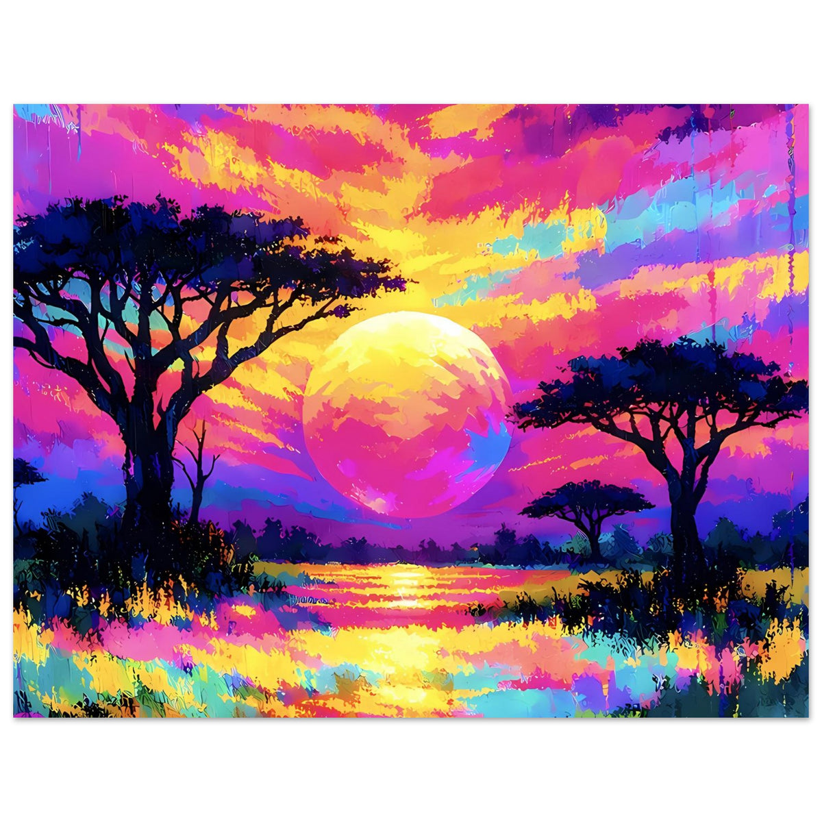 Horizontales Neon-Sunset Poster mit großer Sonne, Baum-Silhouetten und farbigen Wasserreflexen