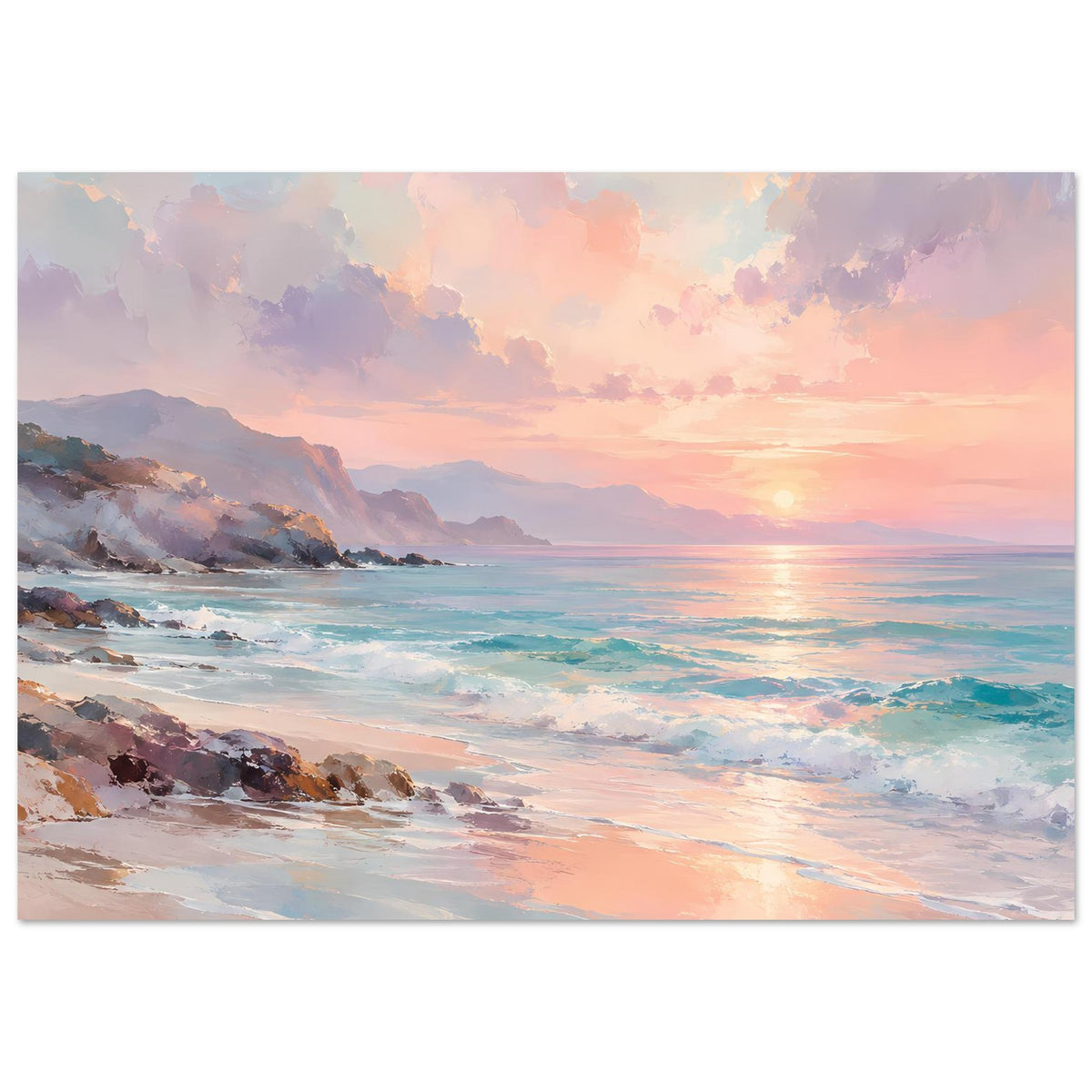 Poster mit Strand und Sonnenuntergang über dem Meer, Pastellfarben