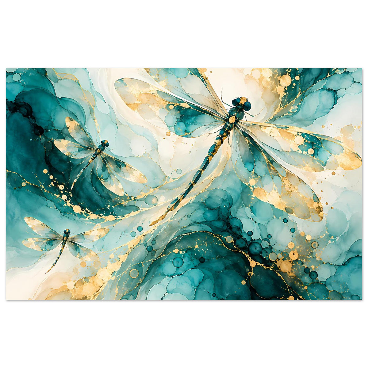 Kunstposter mit abstrakten Libellen in Türkis und Gold, goldene Akzente auf blauweißer Fläche
