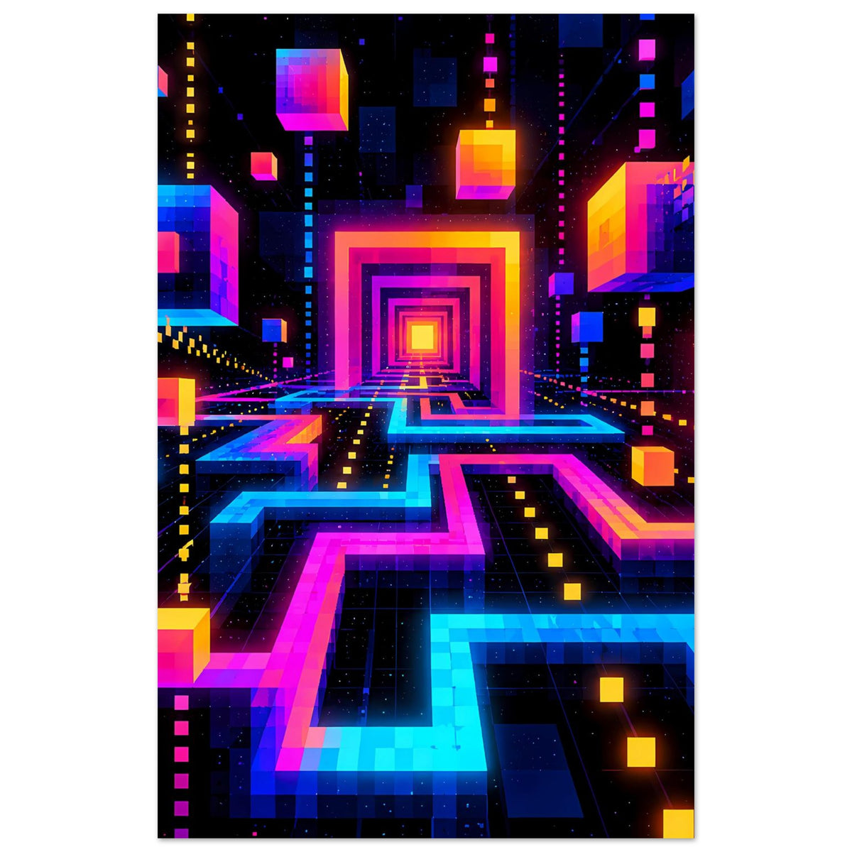 Neon-Labyrinth-Science-Fiction-Poster im Hochformat mit geometrischen Korridoren und zentralem Quadrat