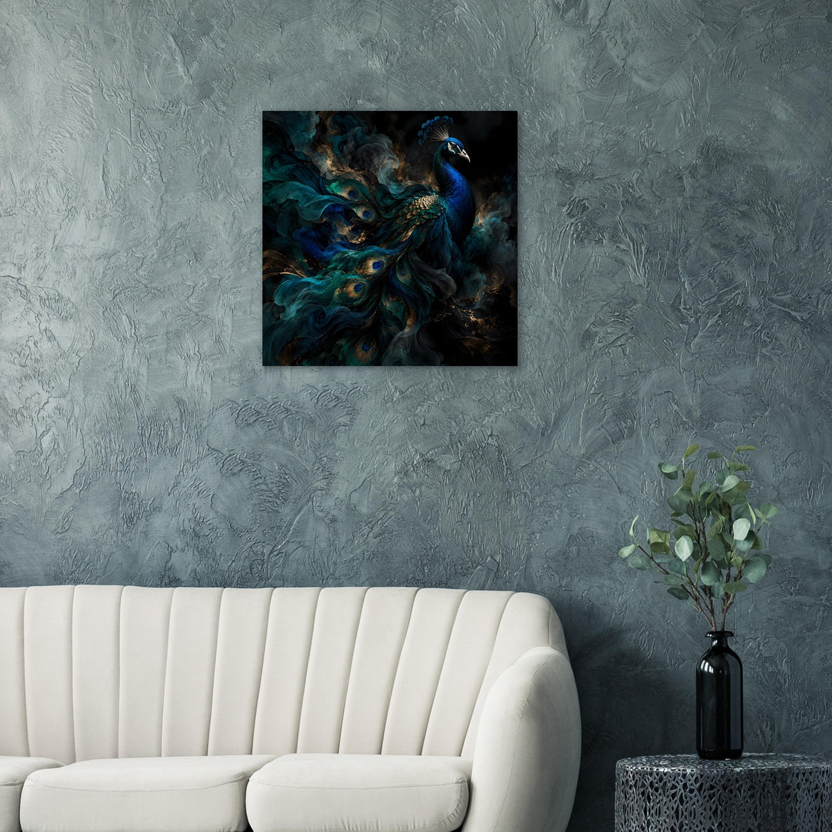 Quadratisches Kunstposter mit Pfau-Motiv in Blaugrün, abstrakter Wirbeloptik