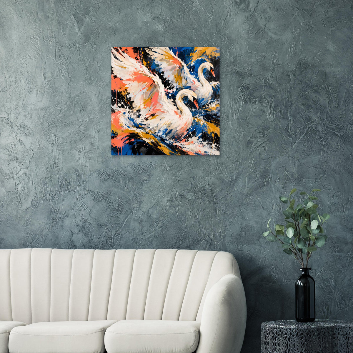Quadratisches Kunstposter mit abstrakten Schwänen in Koralle, Gold und Blau