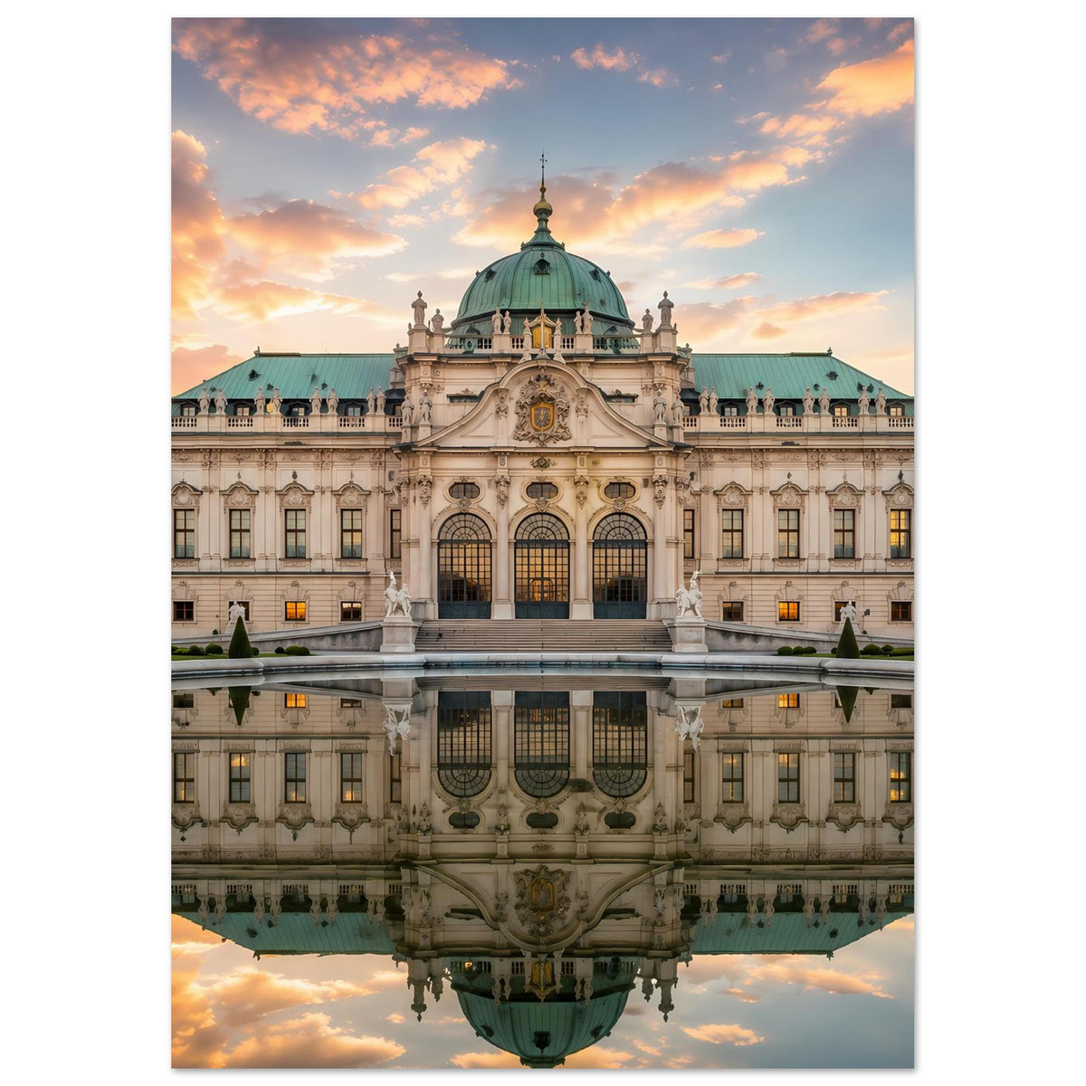 Schloss-Poster mit zentraler Fassade, grüner Kuppel, Sonnenuntergang und Spiegelbild