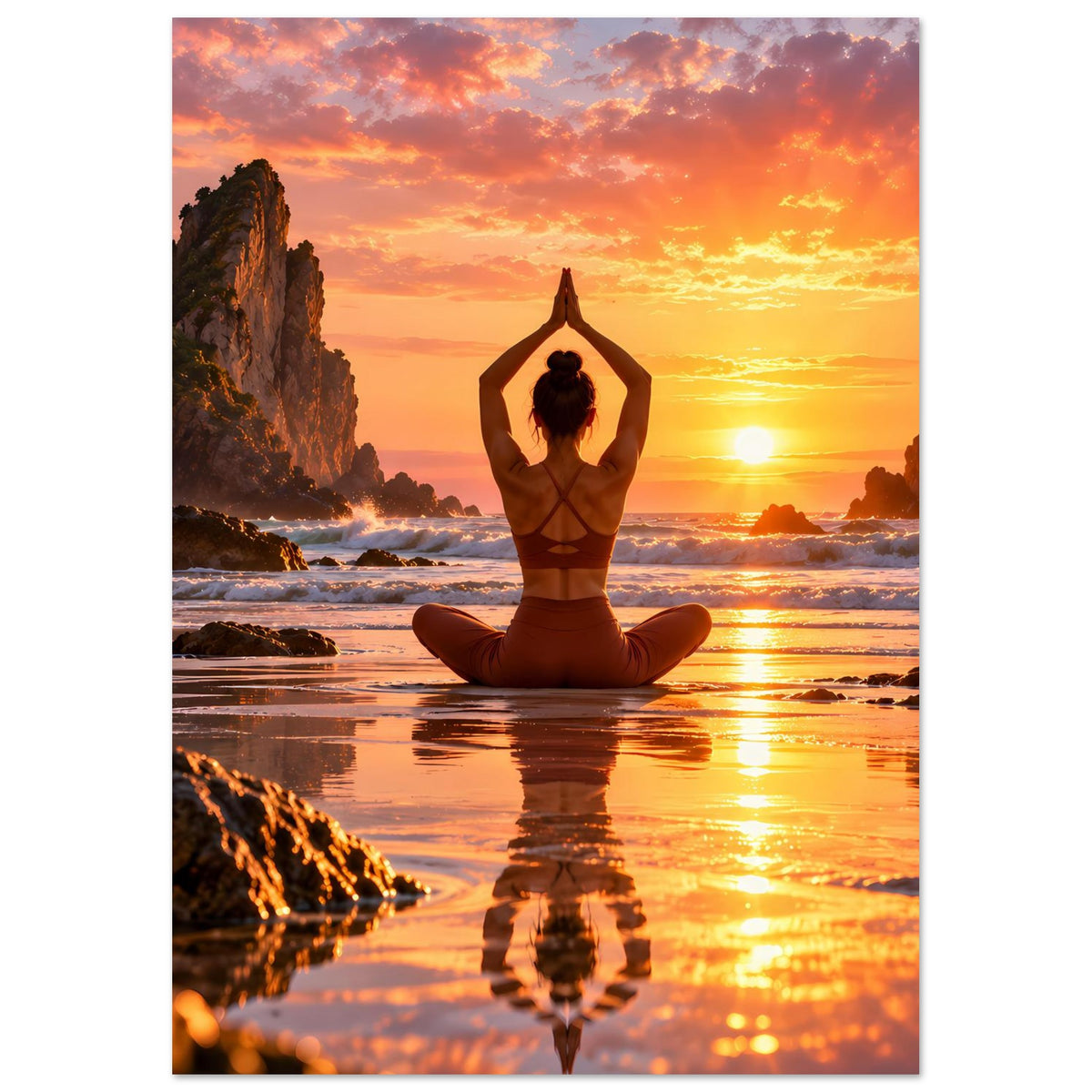 Yoga-Poster im Hochformat: meditierende Person im Lotussitz, Felsenküste und Sonnenuntergang im Bild.