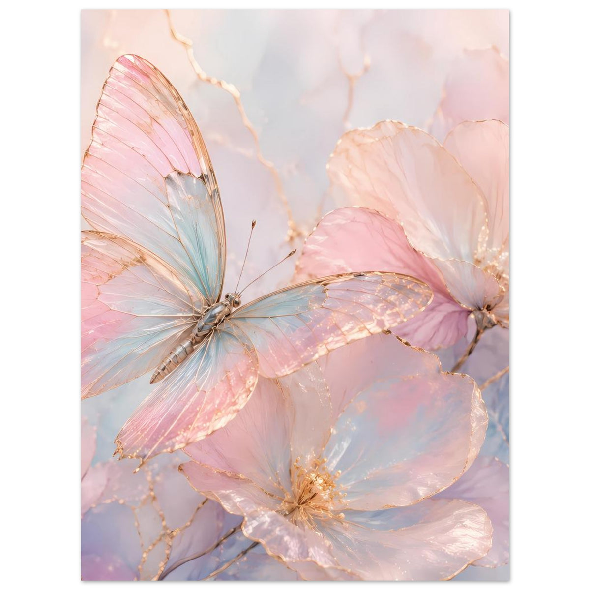 Aquarell-Poster mit Schmetterling und Blüten in Rosé, Blau und Gold