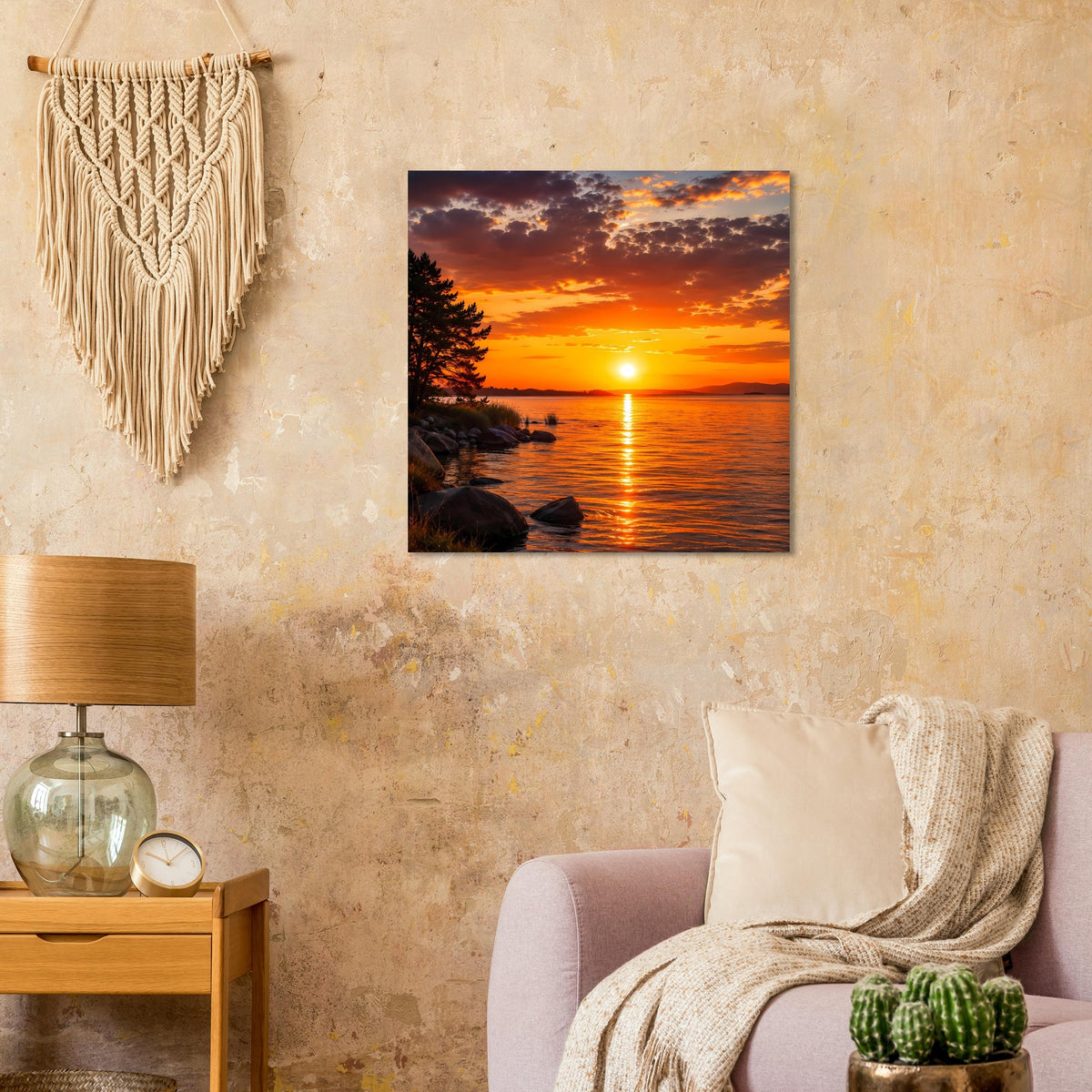 Quadratisches Poster mit Sonnenuntergang über Wasser und Felsen, Himmel in Orange und Blau