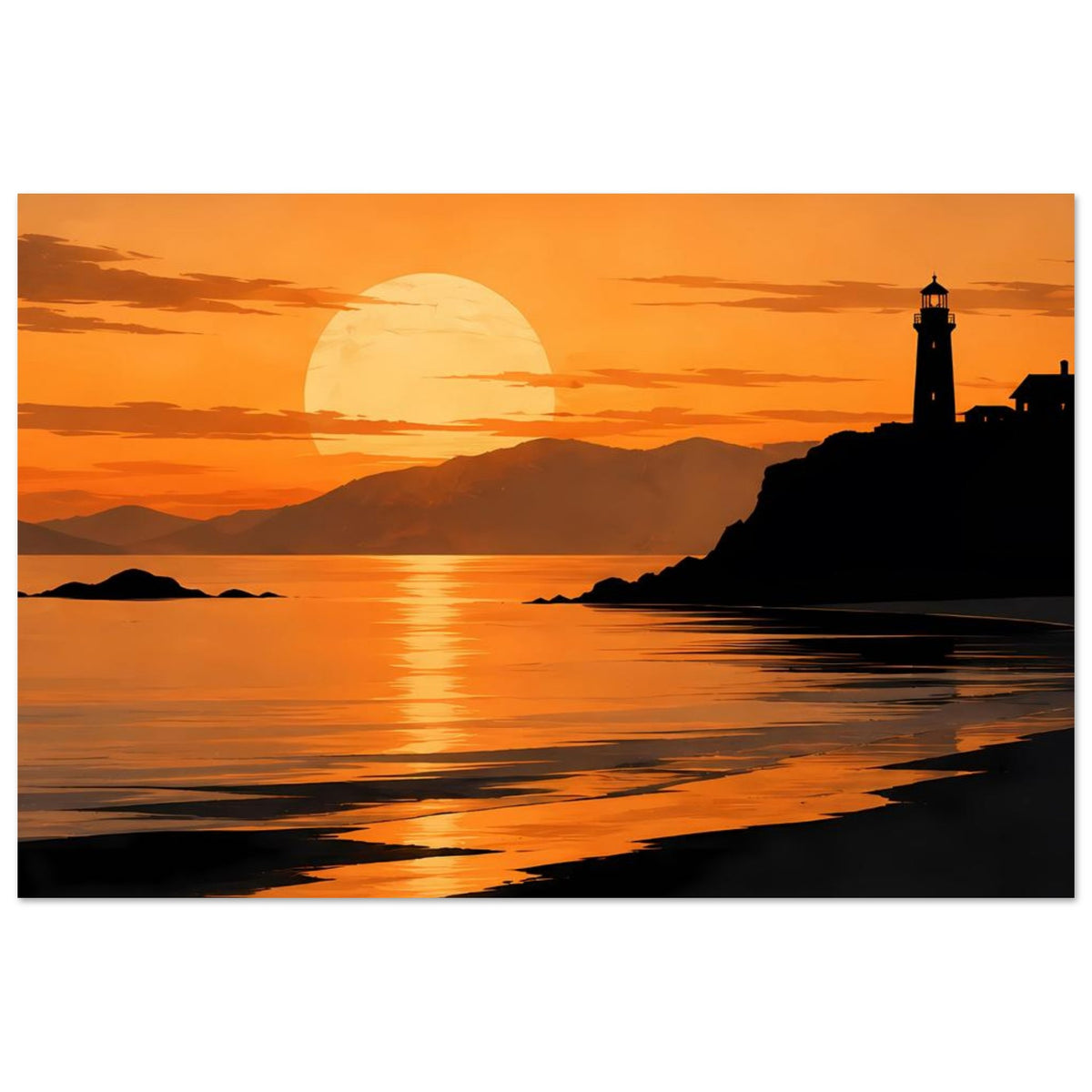 Küstenposter mit Leuchtturm bei Sonnenuntergang, reflektierender Küstenlinie