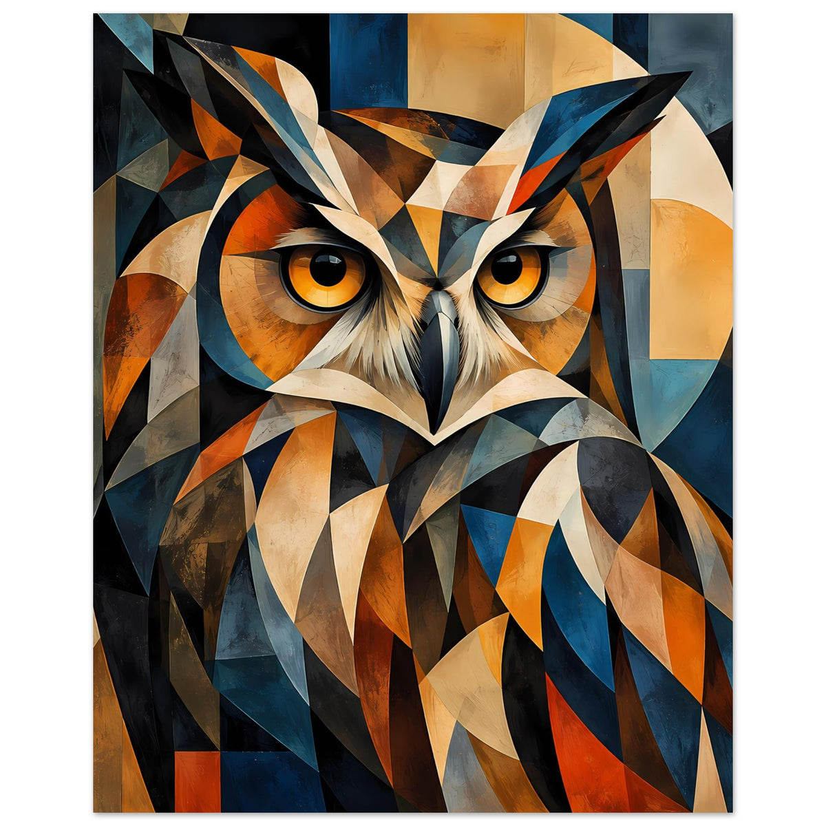 Geometrisches Eulenposter, Großansicht der Eulenaugen und Flügel in orange-blau-creme Farben
