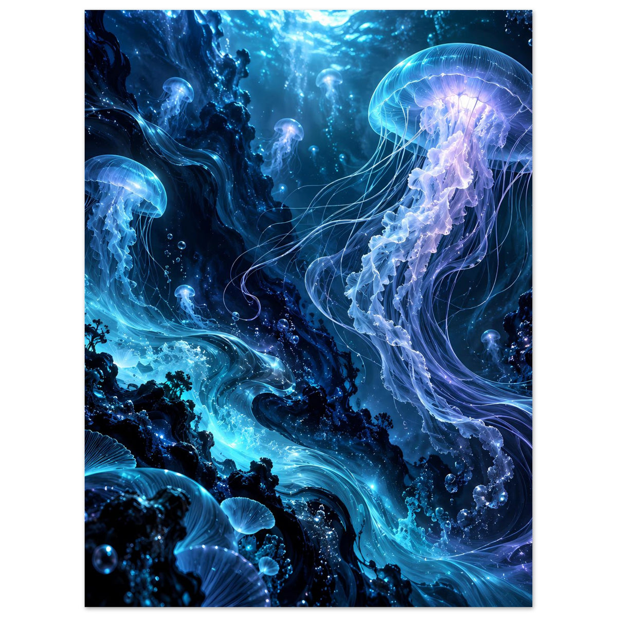 Unterwasser-Poster: leuchtende Quallen, helle Glocken und lange Tentakel, Tiefblau
