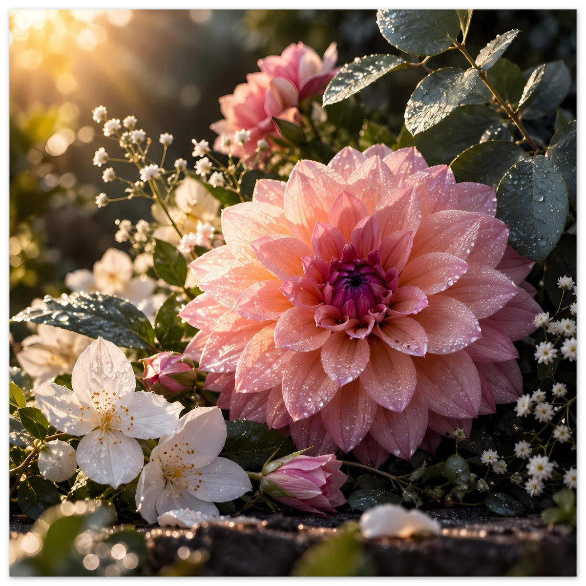Blumenposter mit rosa Dahlie und weißen Blüten, grüne Blätter mit Tau