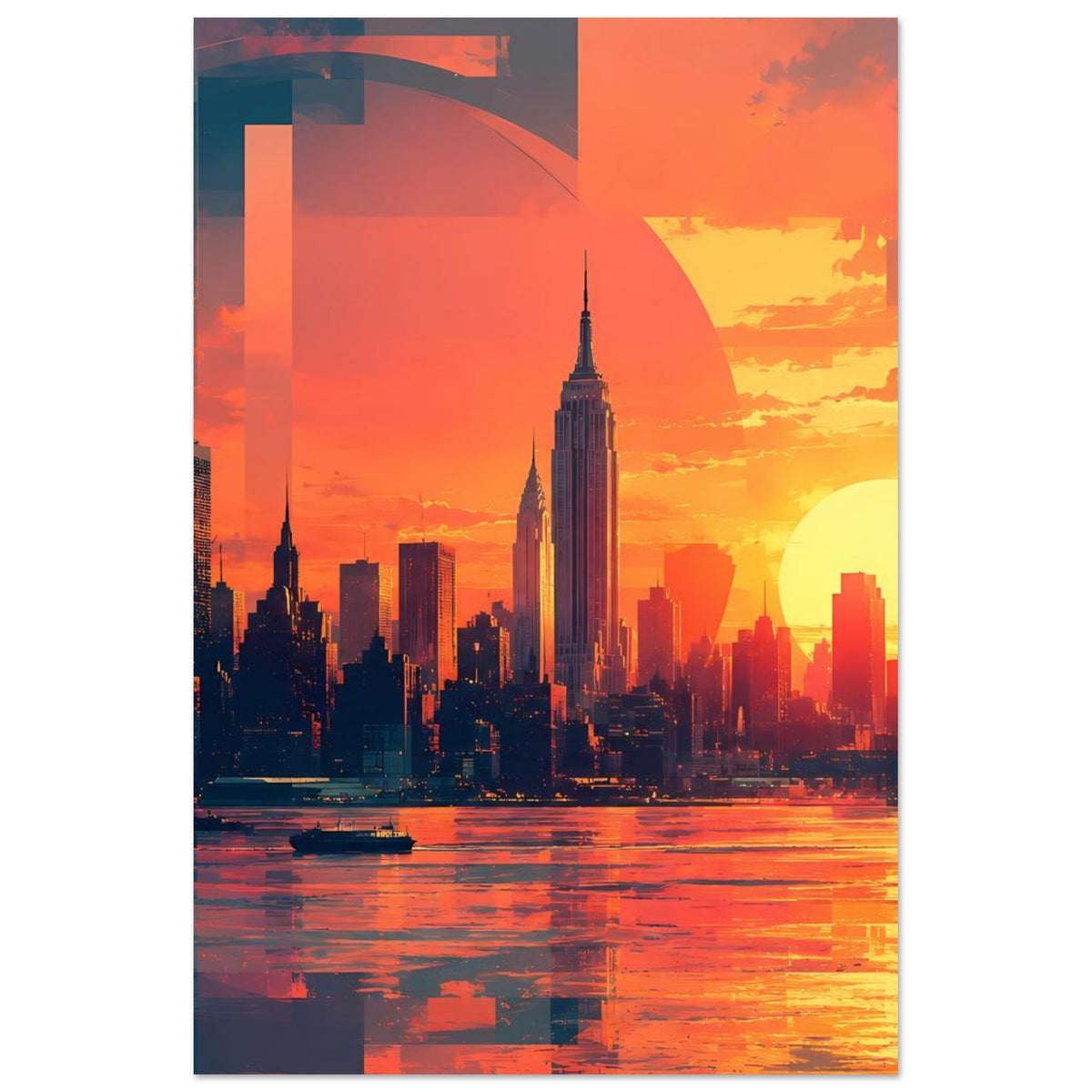 Vertikales Poster mit City-Skyline bei Sonnenuntergang, Gebäude-Silhouetten und leuchtender Sonne