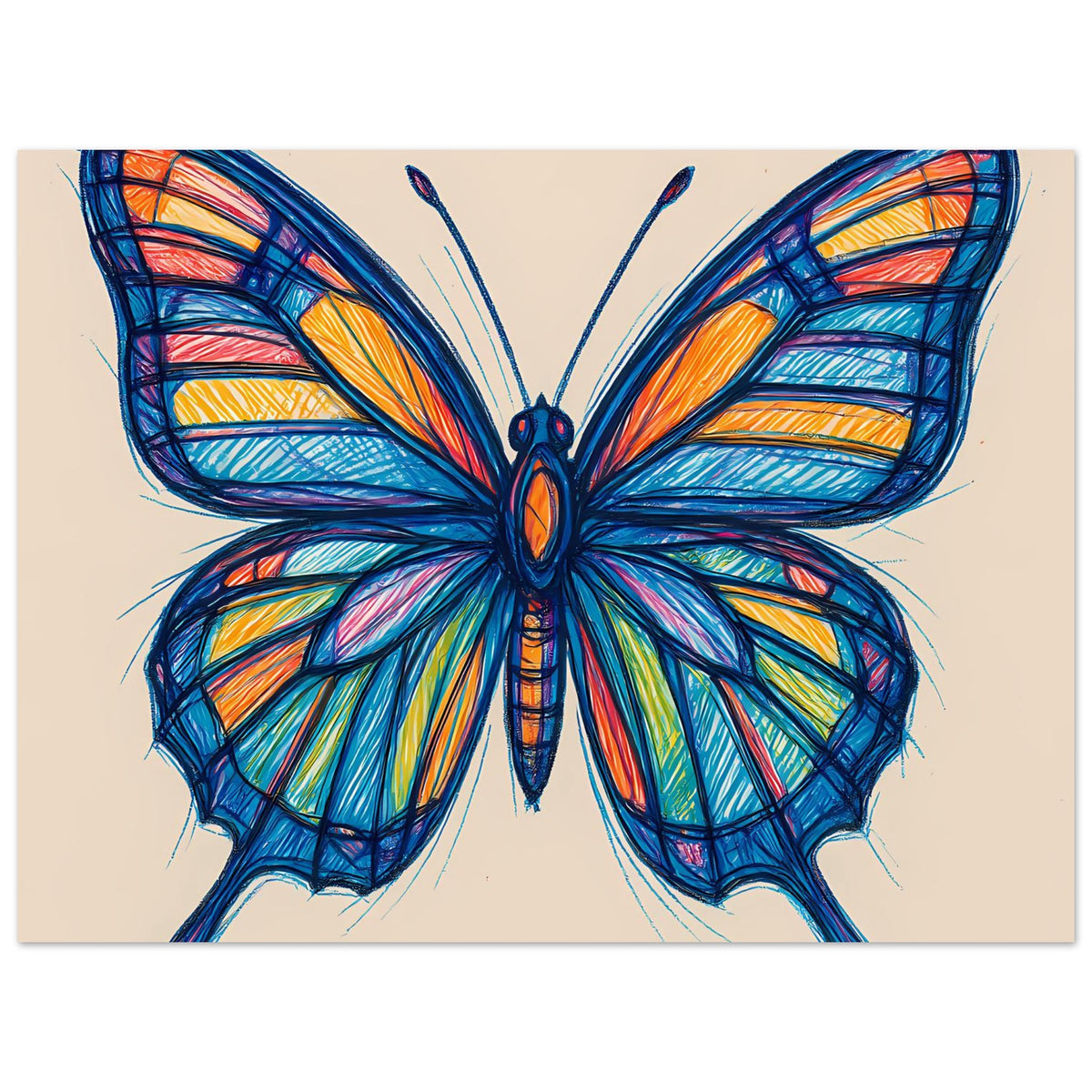 Kunstposter mit farbenfrohem blauen Schmetterling, detaillierten Flügeln und Mittelteil
