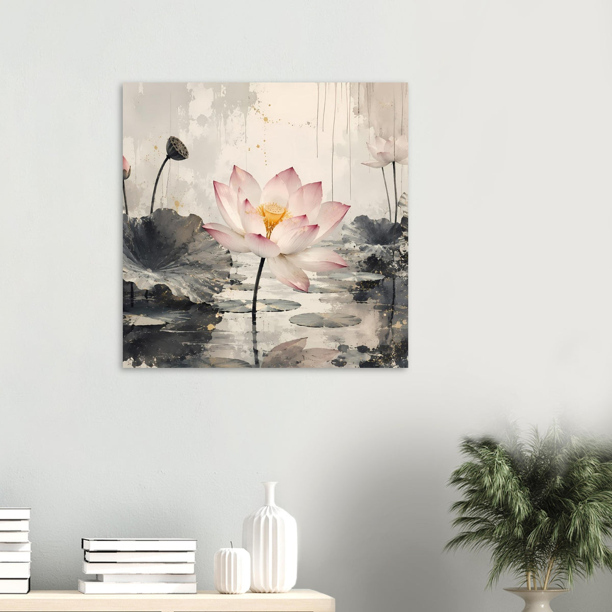 Zen-Poster mit rosa Lotusblüte auf grauem Seerosenteich, abstrakte Wasser- und Nebelmalerei