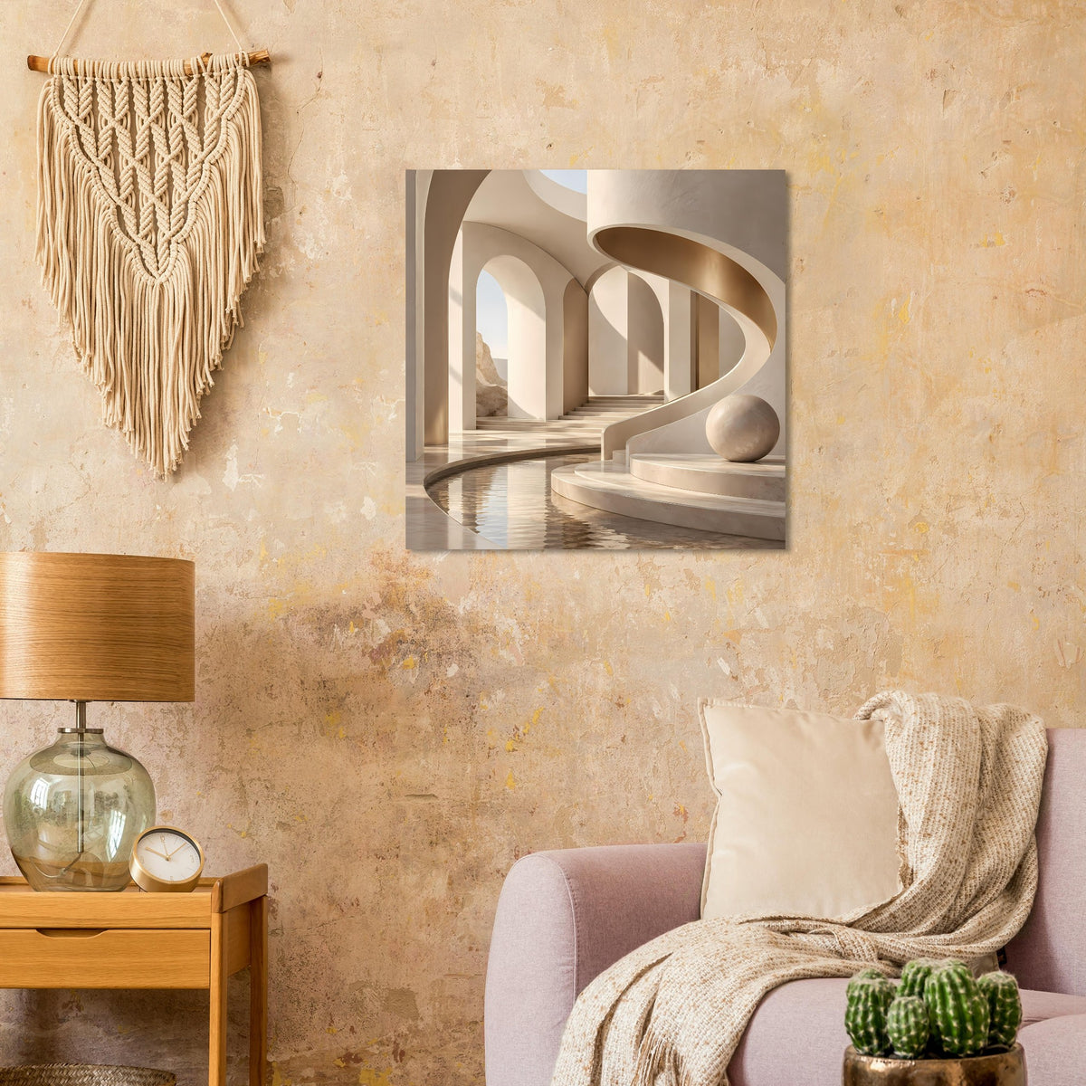 Architekturposter mit Arkaden und gebogener Brücke, mit runder Stein-Kugel im Vordergrund