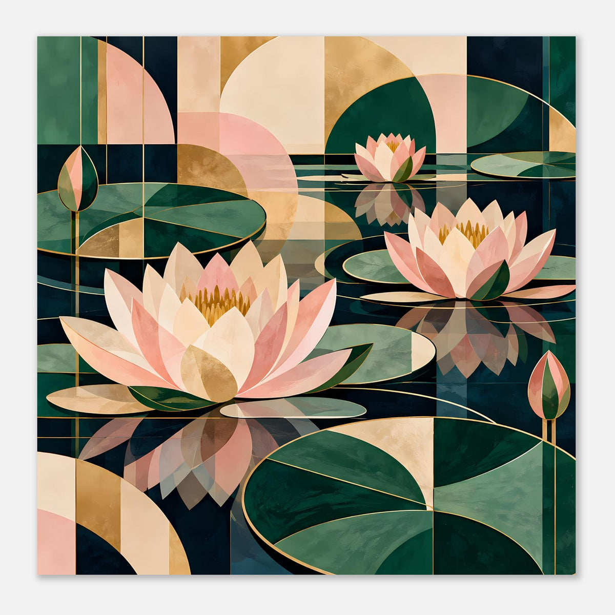 Lotus-Grafikposter im Querformat mit Blüten und grünen Blättern in Pastellfarben