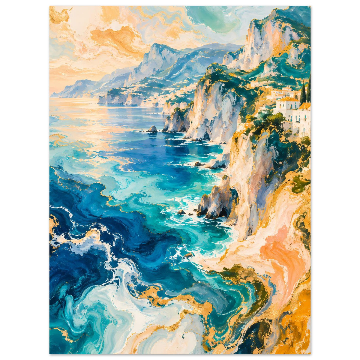 Küstenposter, hochformat: türkisblaues Meer mit Schaumkronen, weiße Klippen, Häuser
