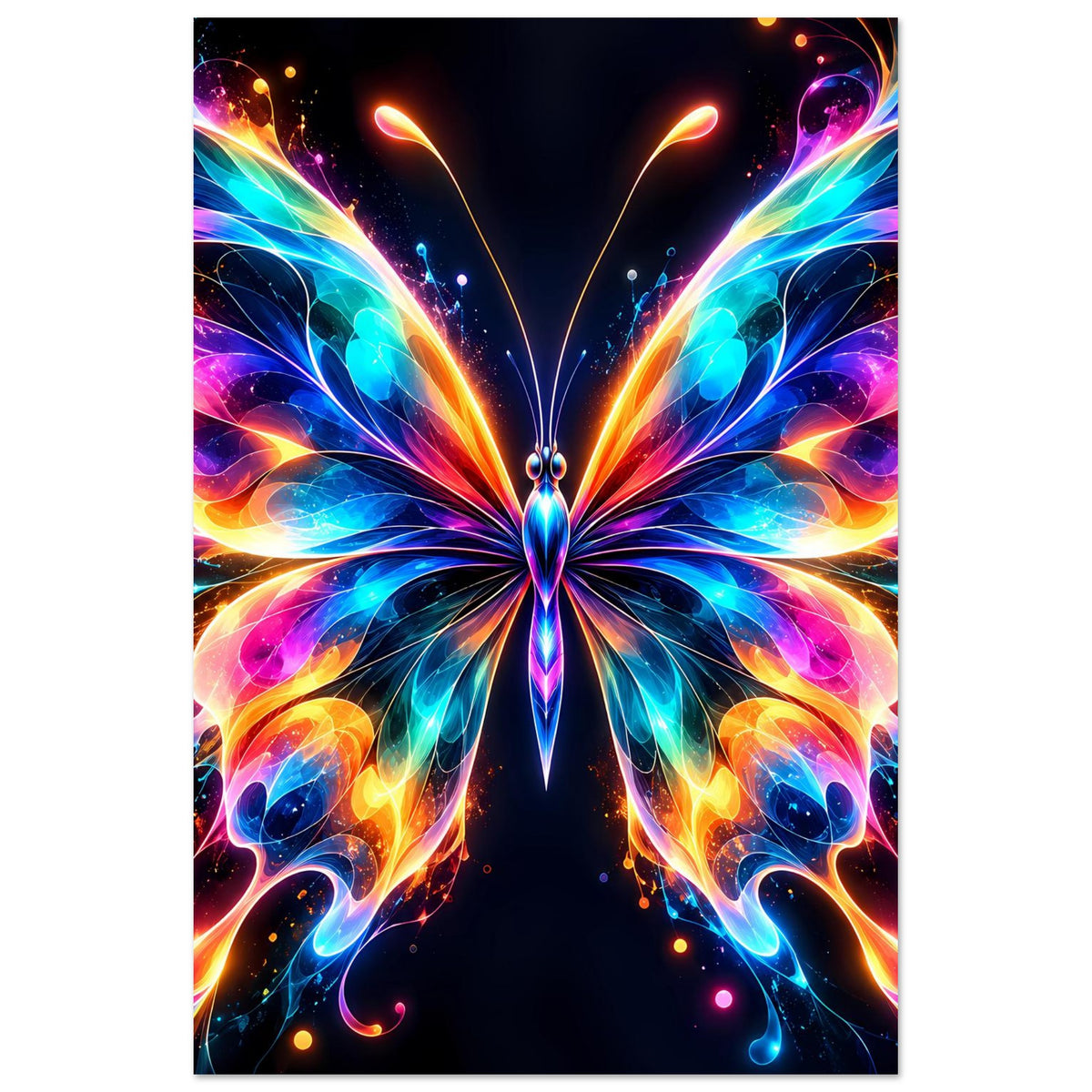 Neon-Schmetterlingsposter mit spiegelbildlichen, leuchtend bunten Flügeln und Strahlenornamenten