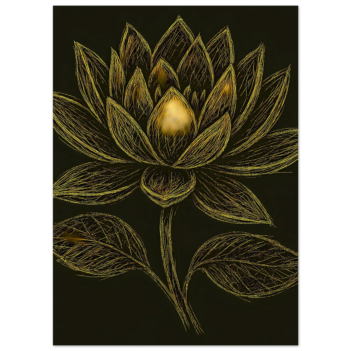 Poster mit goldener Lotusblüte, Blätter rundherum, auf tiefschwarzem Grund