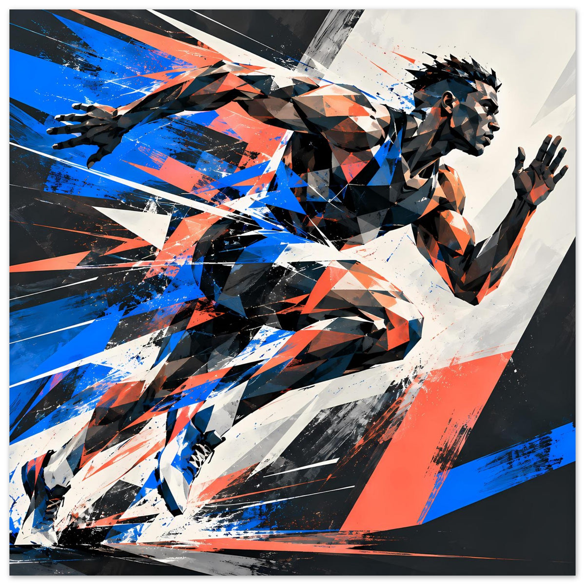 Poster mit abstraktem Läufer im Sprint, blau, orange und schwarz-weiß