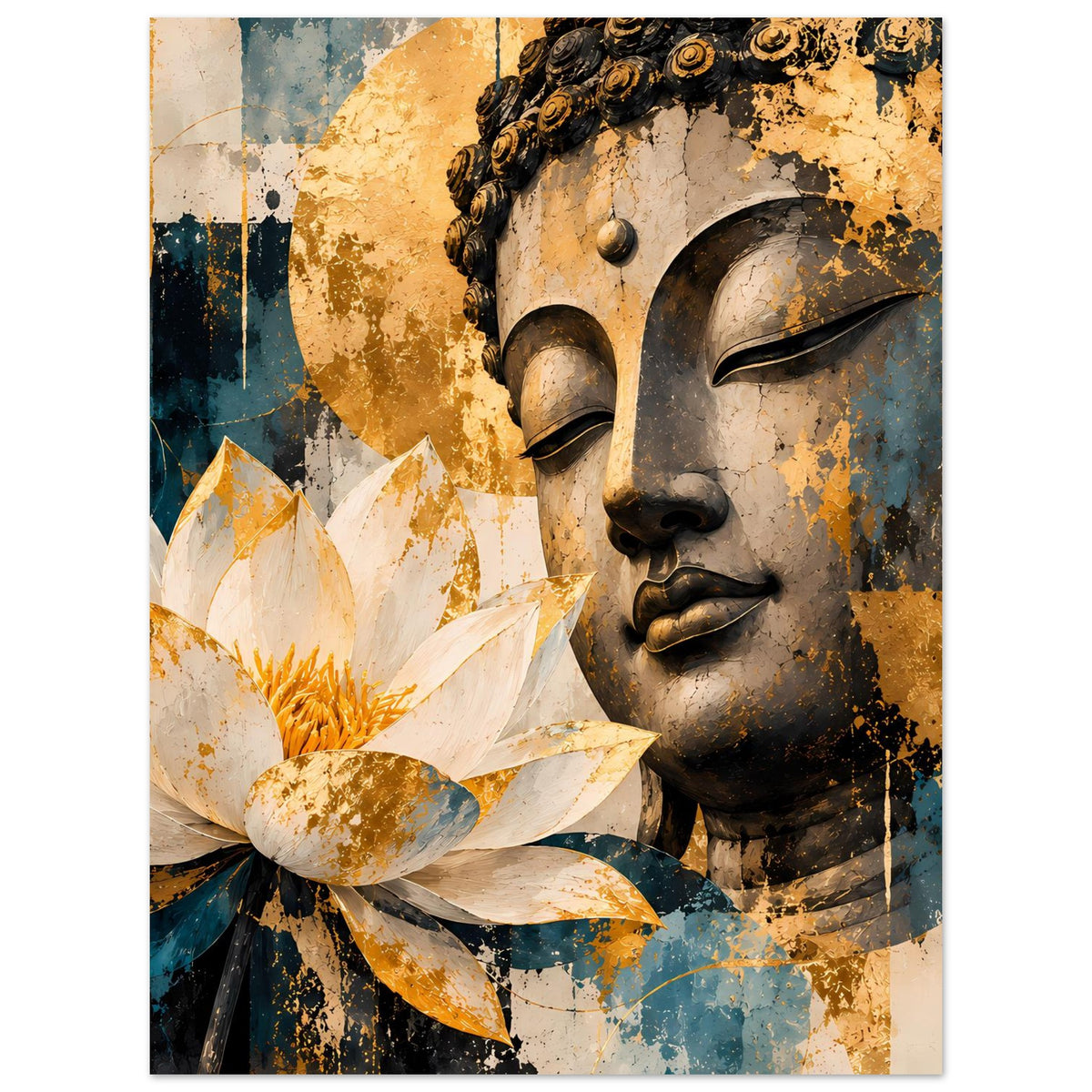 Poster mit Buddha-Profil und Lotusblüte, weiß-goldene Blätter, Petrol- und Goldtöne