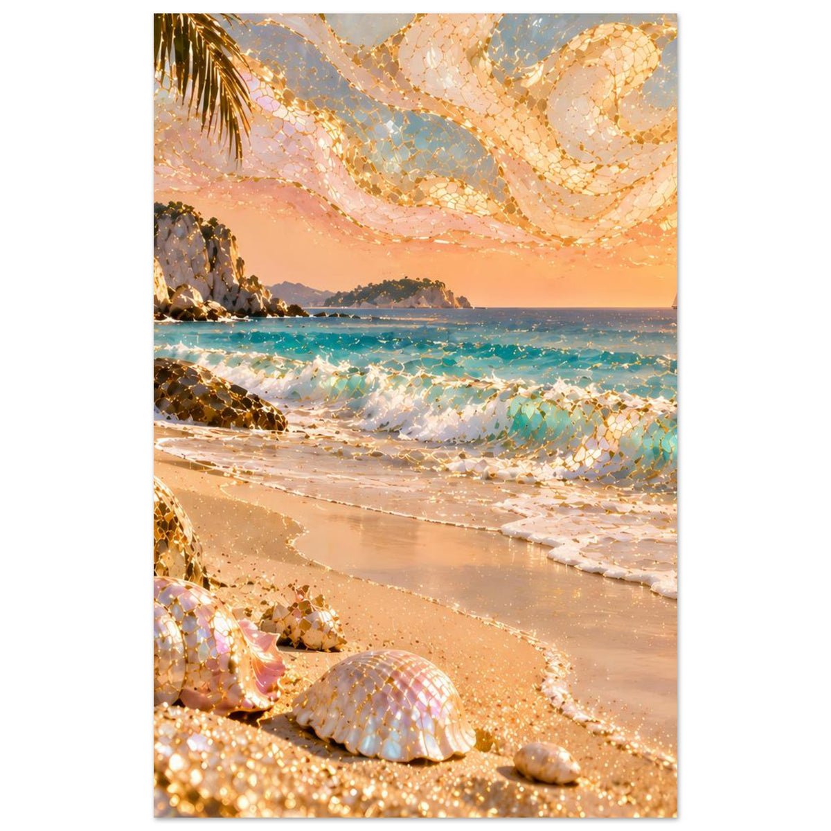 Vertikales Strandposter mit Muscheln am Strand und goldenem Mosaik über der Küste