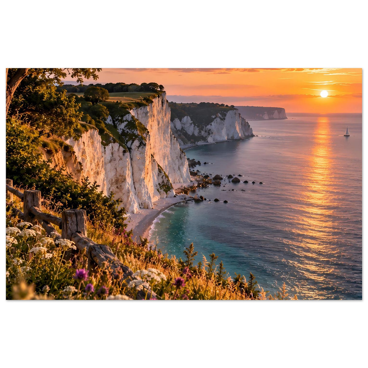 Poster mit Küstenlinie, weißen Kreidefelsen und Blumen am Strand bei Sonnenuntergang (querformat)