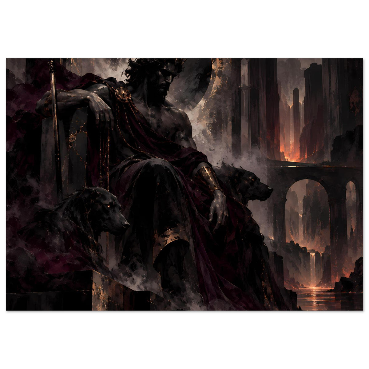 Dark-Fantasy-Poster quer: gekrönter Krieger auf Hintergrundtürmen, Mondsymbol und Feuerlichter