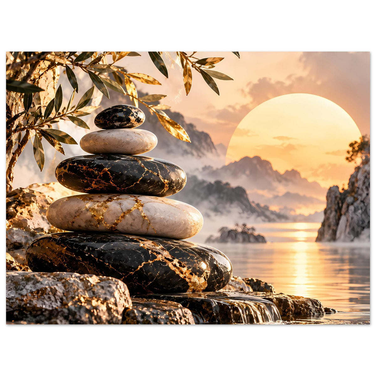 Poster mit Zen-Stein-Stapel, goldenen Blättern und großer Sonne am Horizont