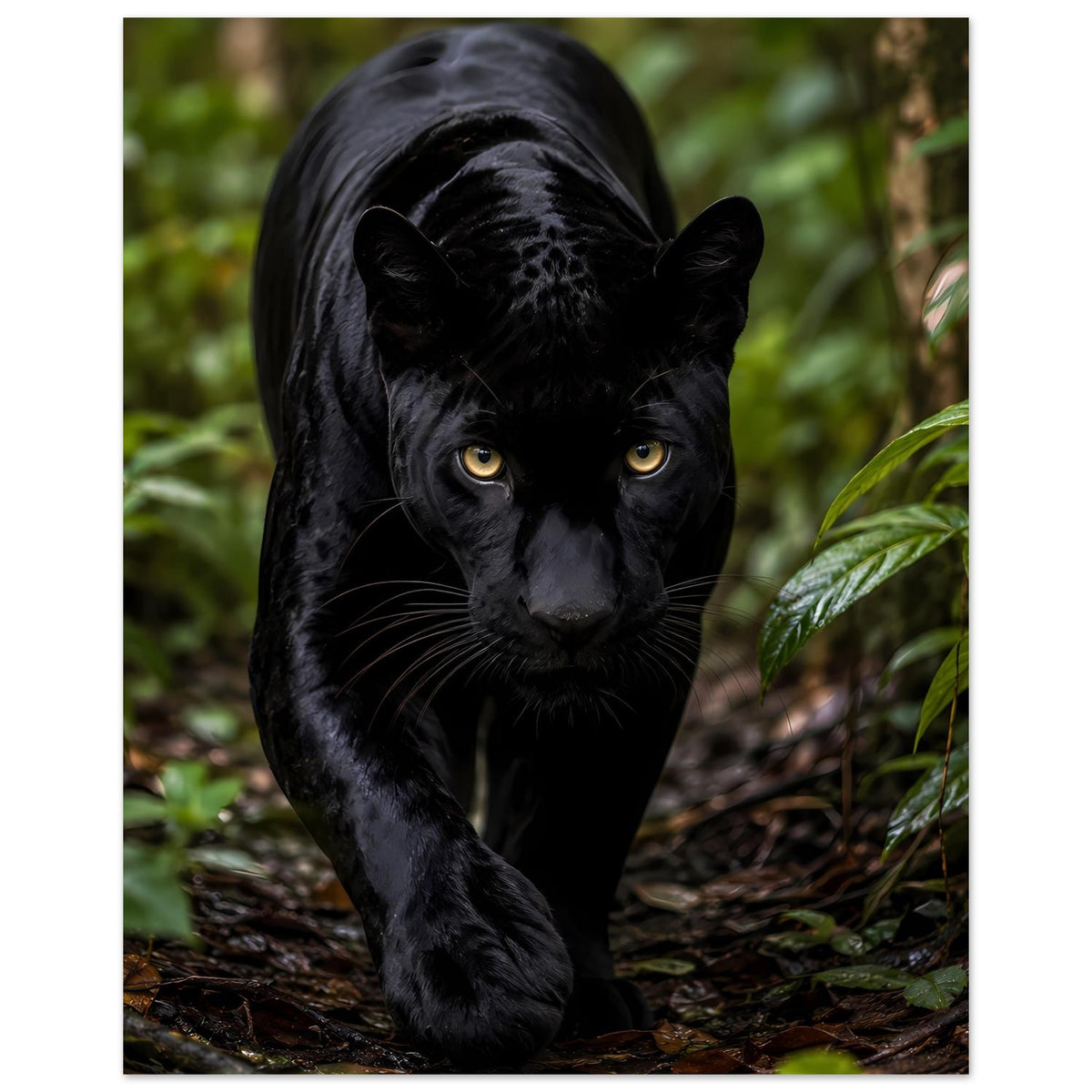 Hochformatiges Poster mit schwarzem Panther im Dschungel, Kopf nahe am Motiv