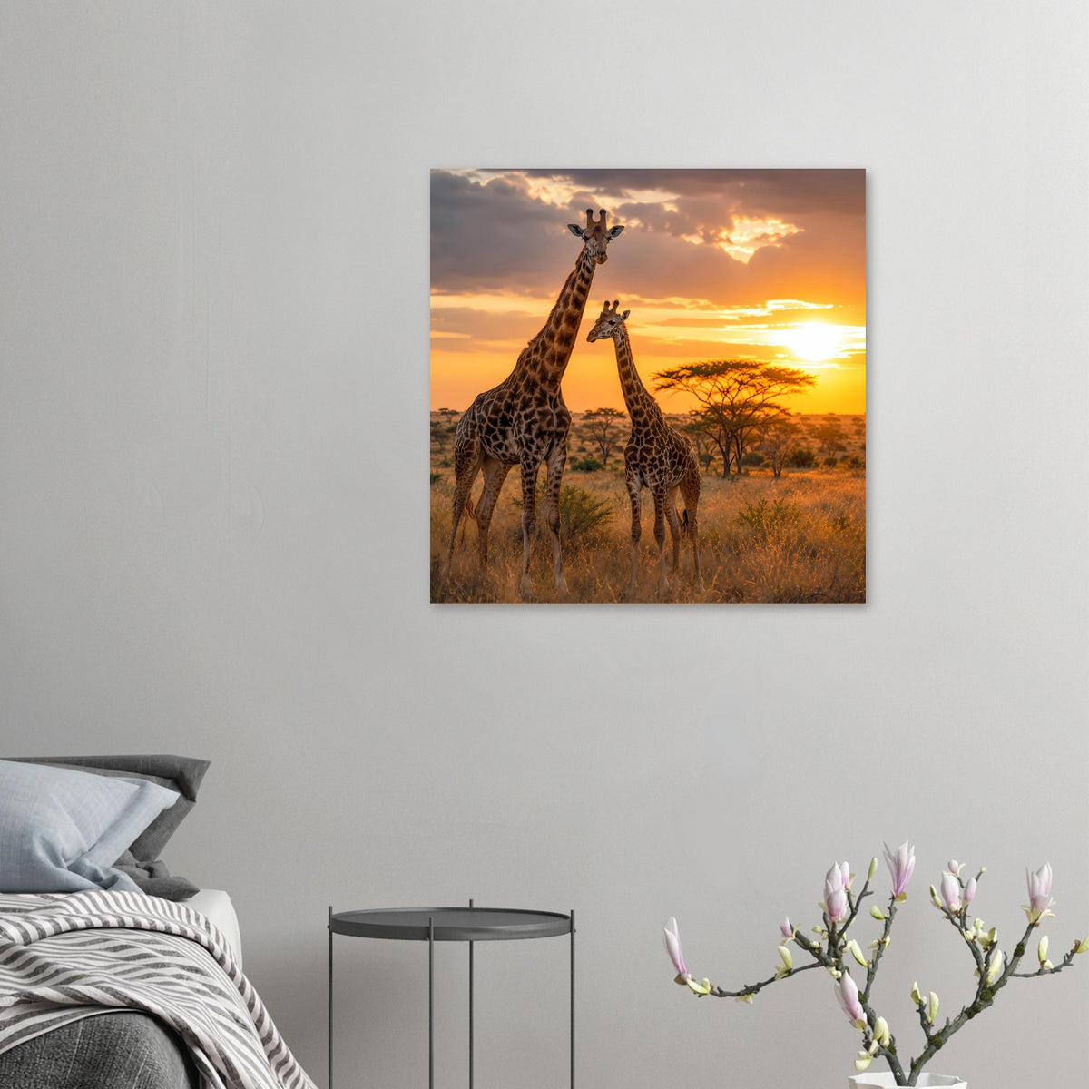 Kleines gerahmtes Poster mit zwei braun gemusterten Giraffen im Safari-Look