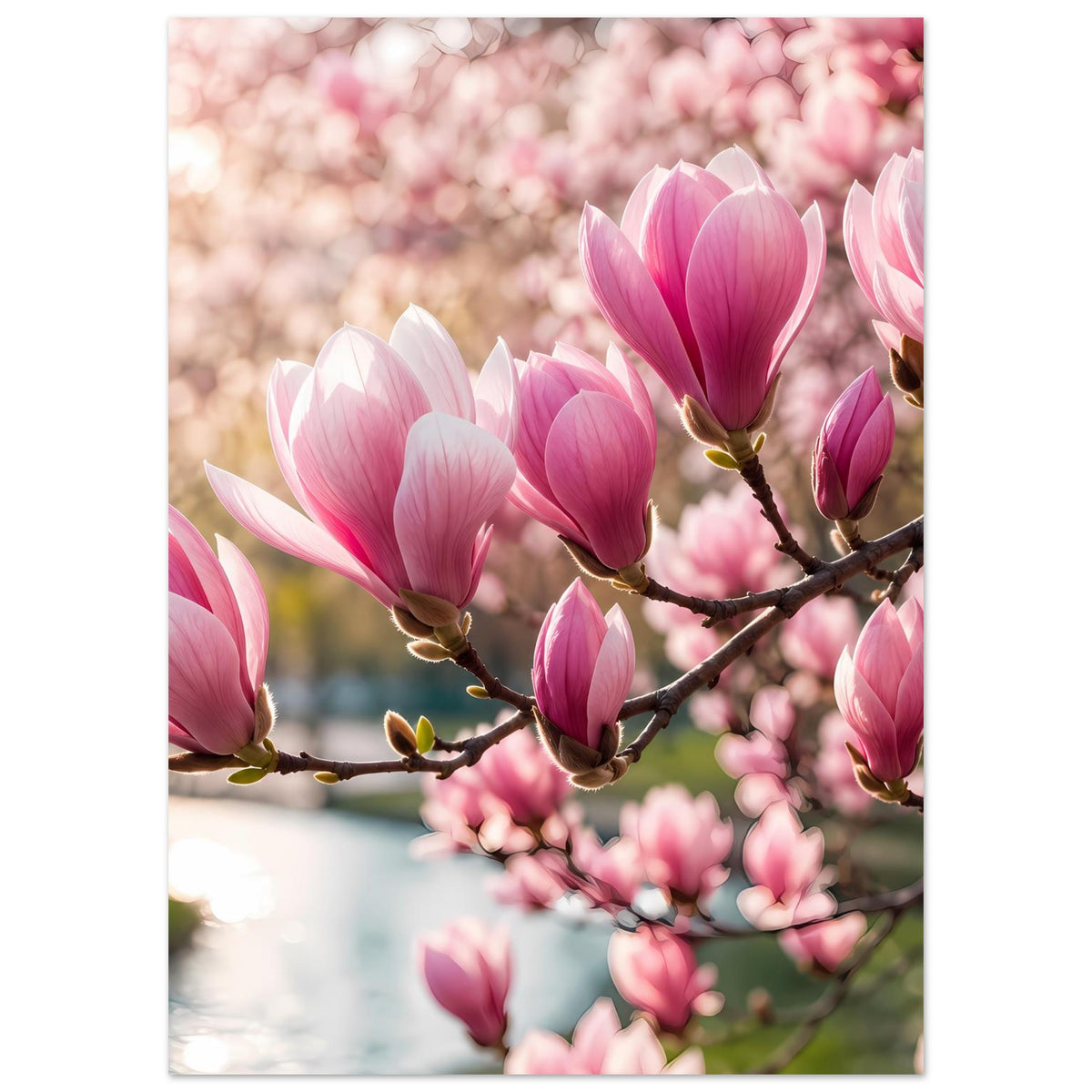 Blumenposter mit Magnolienblüten an Zweig, rosa Blüten, unscharfer Hintergrund im Motiv