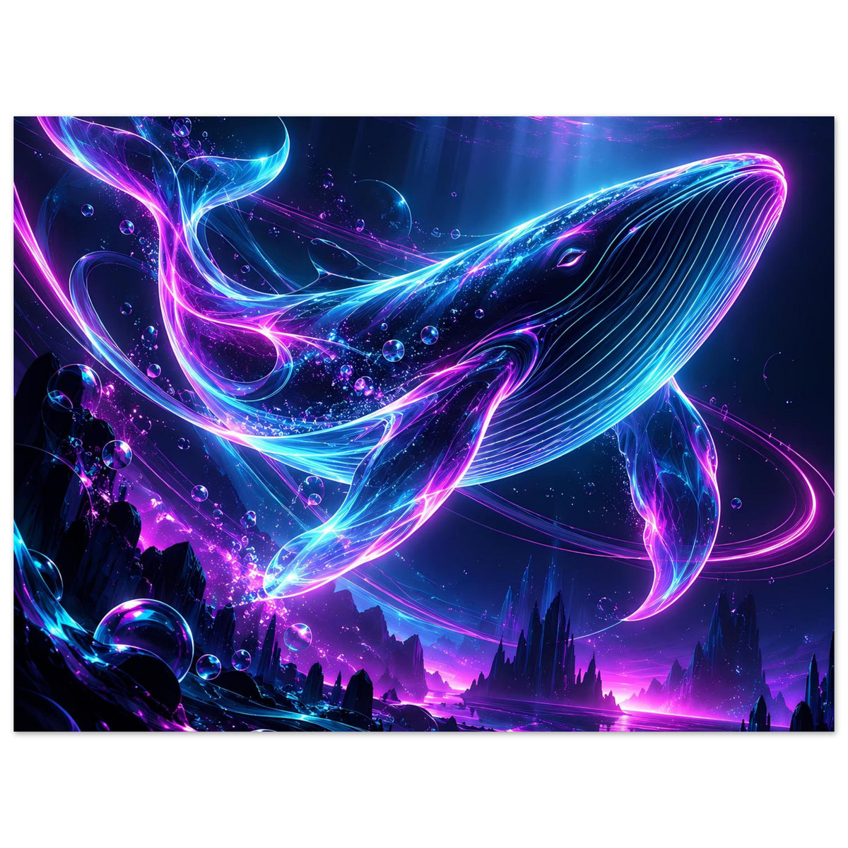 Unterwasserposter: leuchtender Neon-Wal in Pink und Blau, mit Wasserblasen und Wellenhimmel