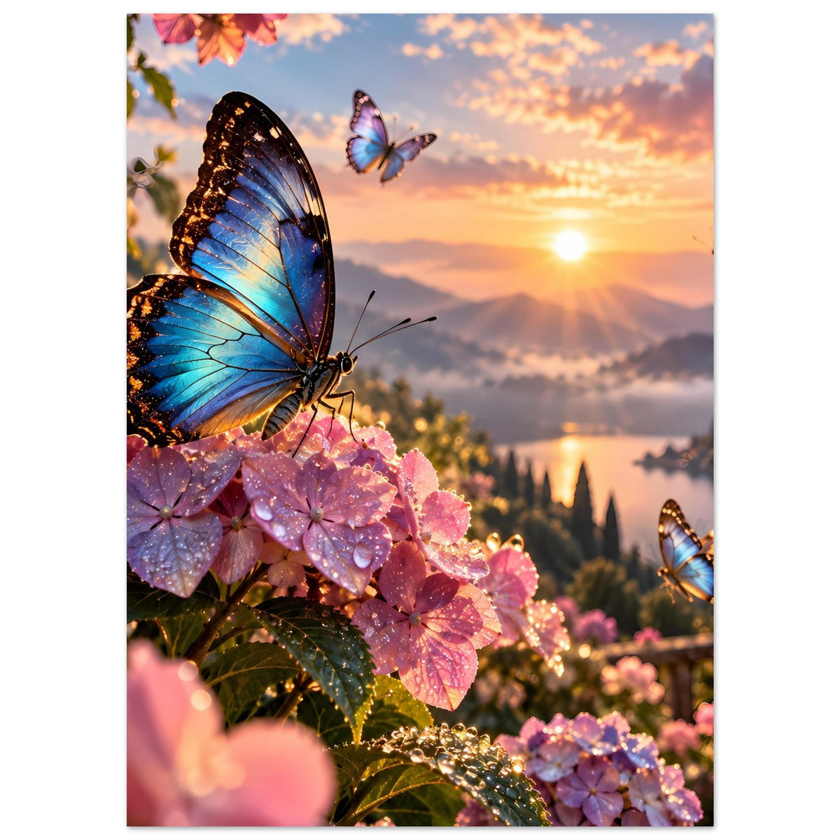 Vertikales Poster: blaue Schmetterlinge auf rosa Blüten, warmes Licht über der Landschaft