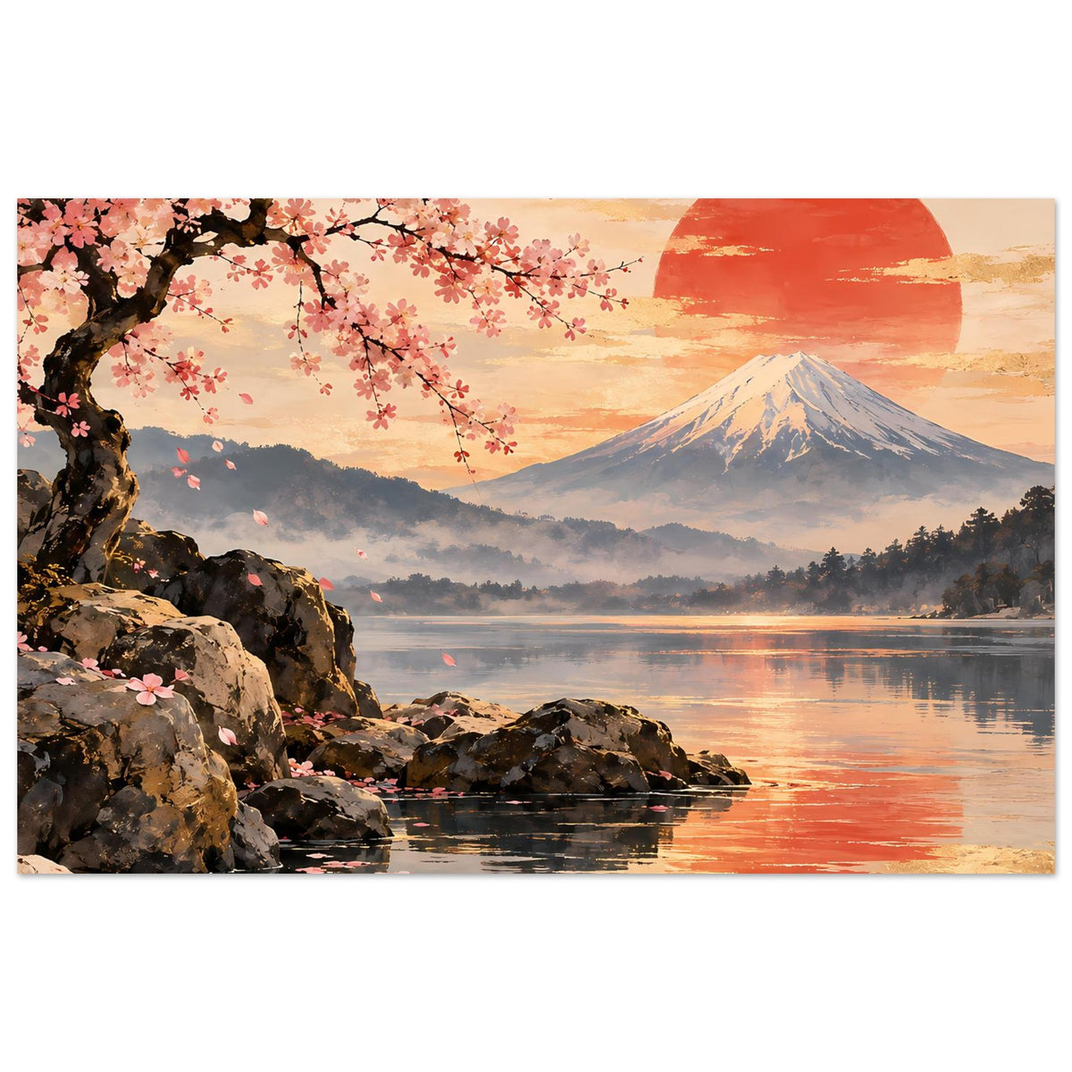 Poster im Querformat mit Kirschblütenzweig, Fuji, roter Sonne, See und Felsen