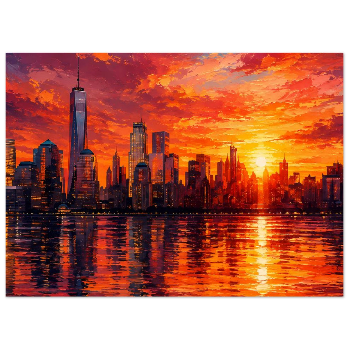 Querformat-Poster mit New York Skyline, One World Trade Center und Spiegelung im Wasser