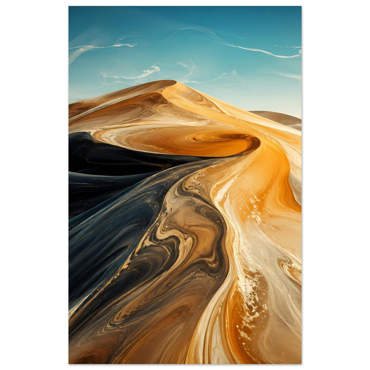 Abstraktes Wüstenwellen-Poster im Hochformat mit orange-goldenen Sandkurven und schwarzen Bereichen