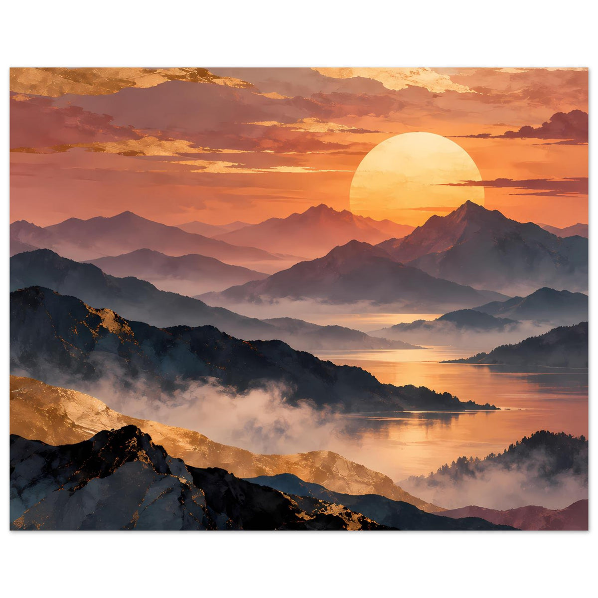 Horizontaler Posterdruck: Sonnenuntergang mit runder Sonne, Berge, See und Dunstschichten.