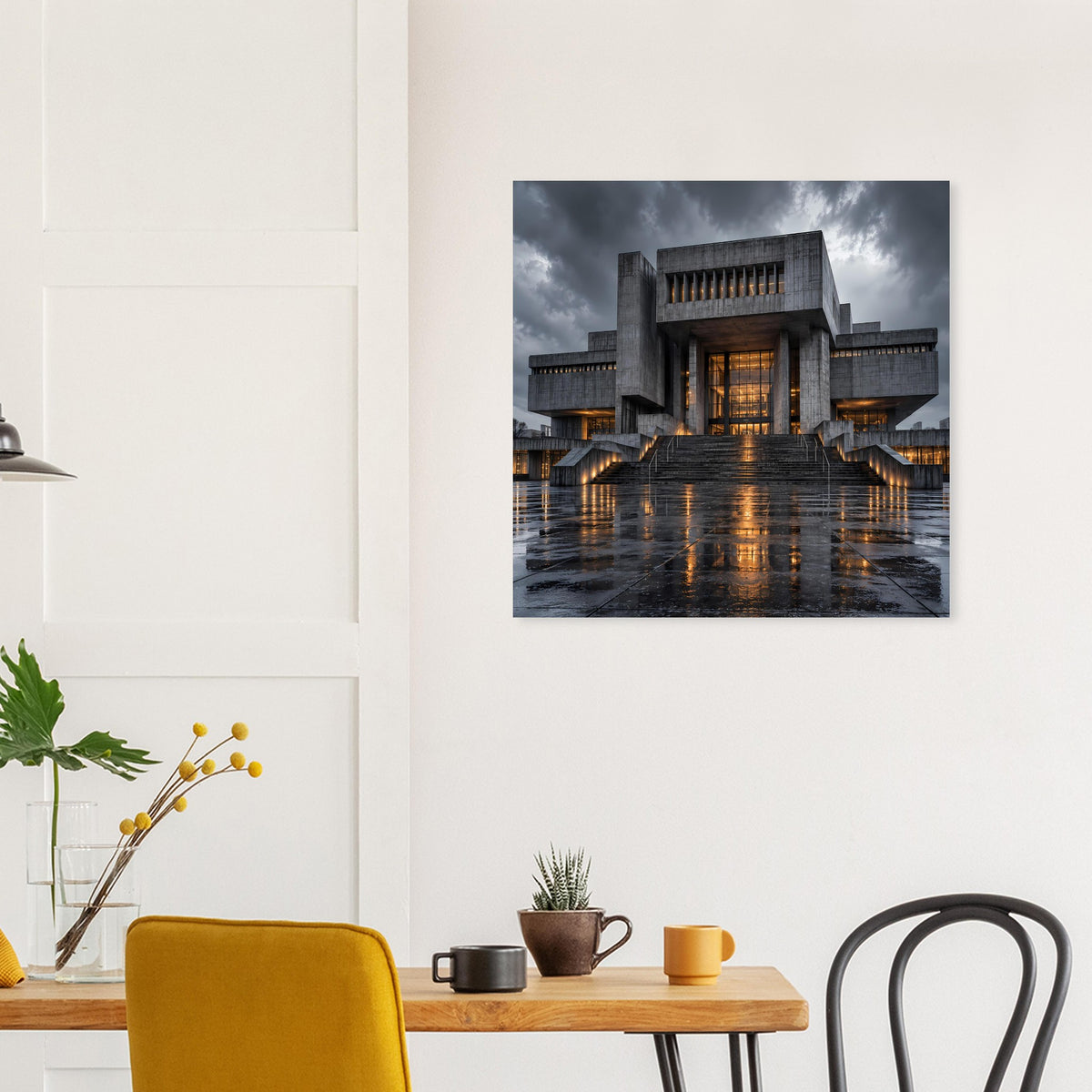 Architekturposter mit beleuchtetem Gebäude bei Nacht, dunkle Szene und Spiegelungen im Boden