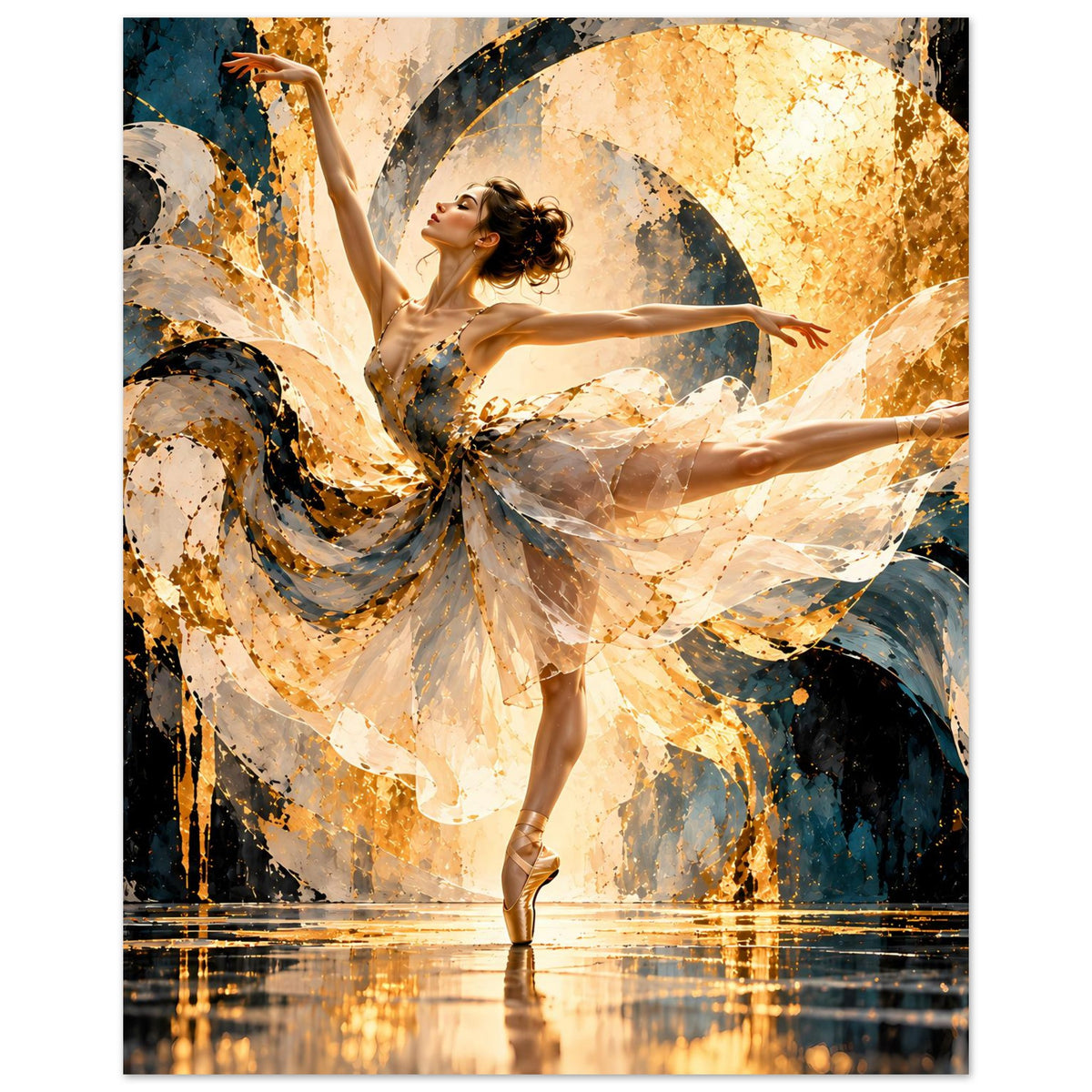 Ballettkunst-Poster mit Balletttänzerin in Drehpose, beiges Kostüm mit blauem Schattenspiel