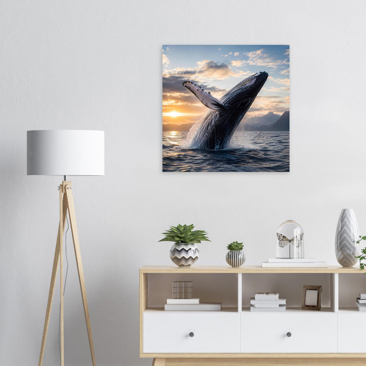 Wandposter mit Buckelwal, der aus dem Wasser springt, am Sonnenuntergang mit blauer Umrandung
