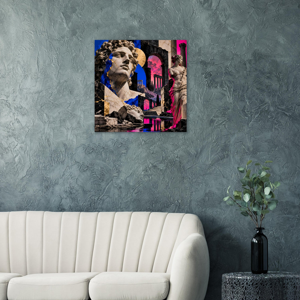 Kunstposter mit Büste in Blau- und Pinktönen, Statue und Säulen vor dunklem Hintergrund