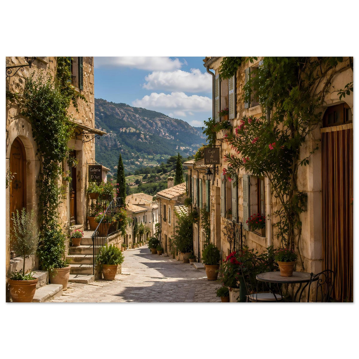 Mediterranes Poster mit felsigen Bergen im Hintergrund und bepflanzten Balkons