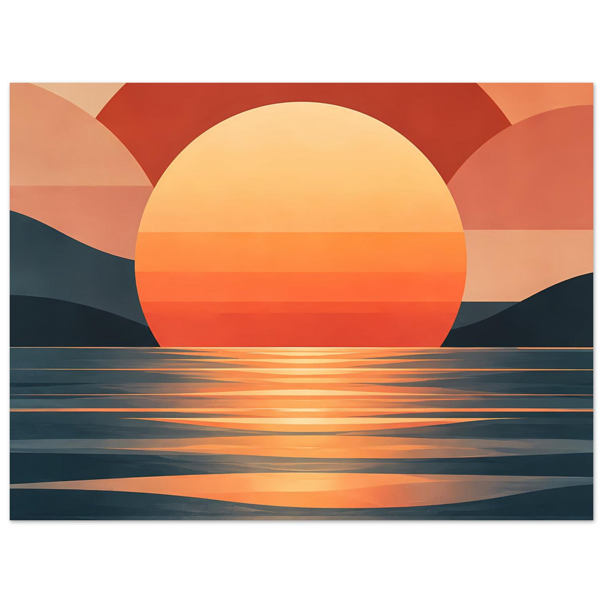 Gerahmtes Poster, Nahansicht: große Sonne im Halbkreis, Meer mit orangefarbenen Reflexstreifen