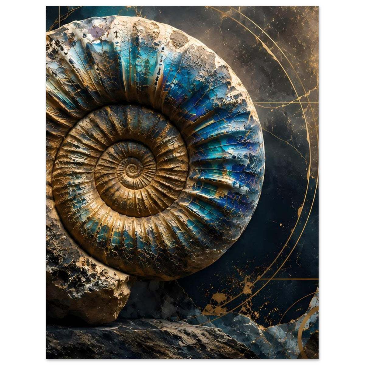 Kunstposter mit Ammonitenfossil, Spiralmuster mit Petrolblau, Goldkreisen und Linien