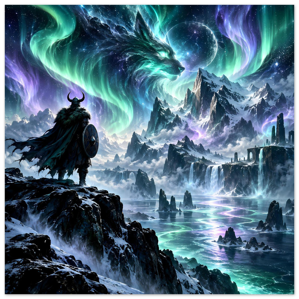 Fantasy-Poster: Wikingerkrieger im Vordergrund, Polar-Drache über türkis-grünem Nordlicht
