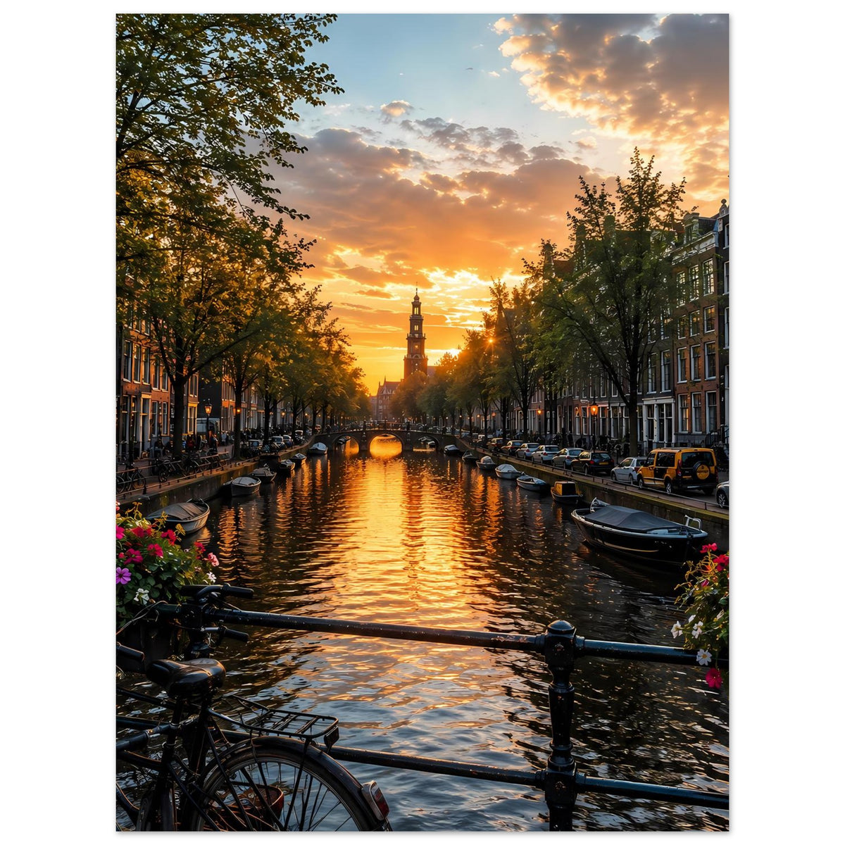 Vertikales Poster mit goldenem Sonnenuntergang über dem Kanal, Boote und Fahrradrad im Vordergrund